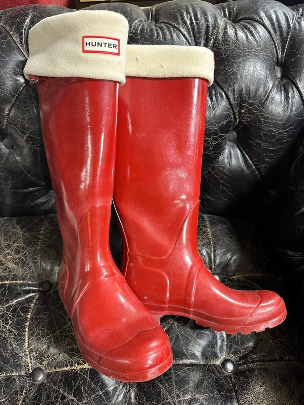 Vintage 1970s Hunter Bright Red Tall Rain Boots with Cream Cuff